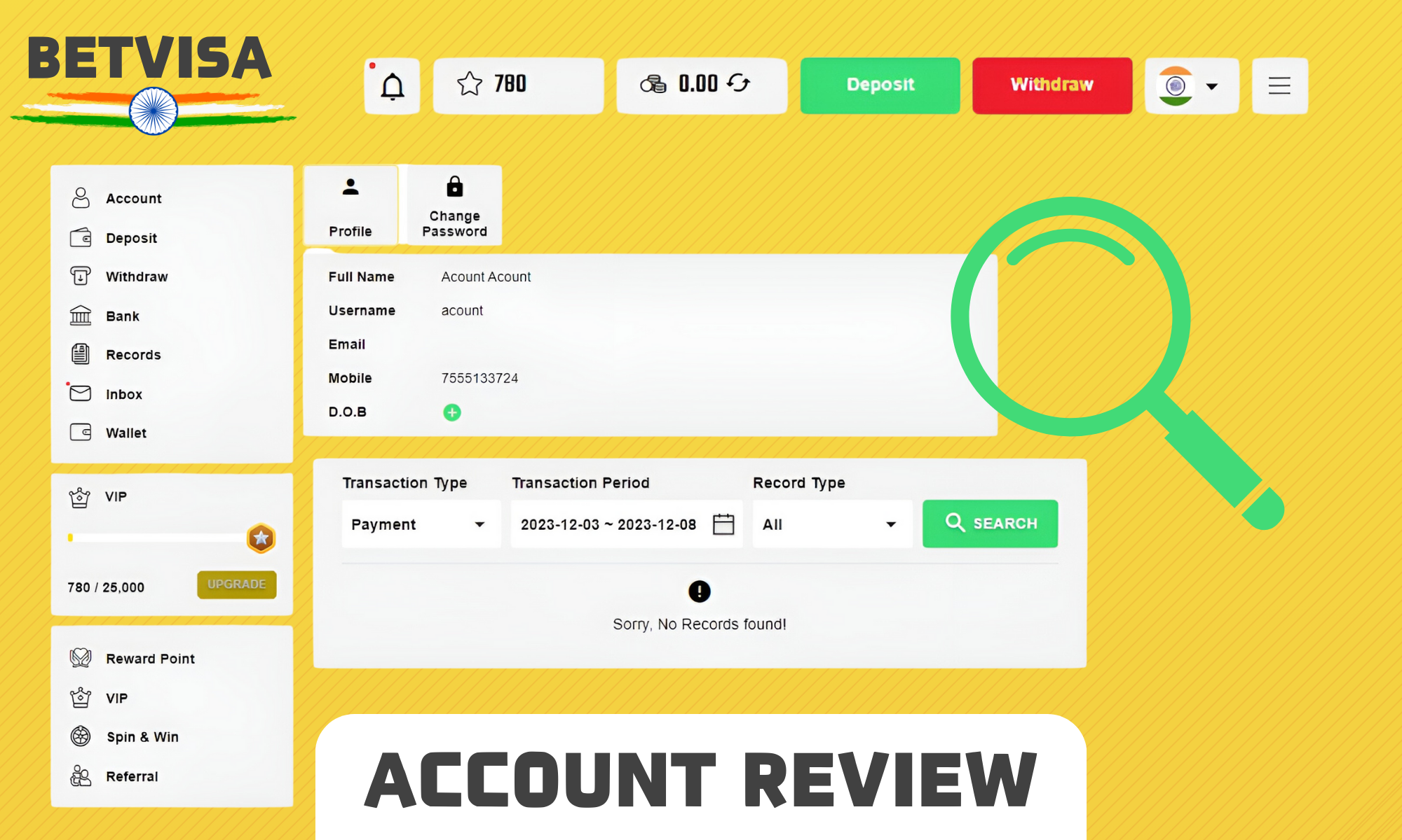 Overview of the main features of the Betvisa interface