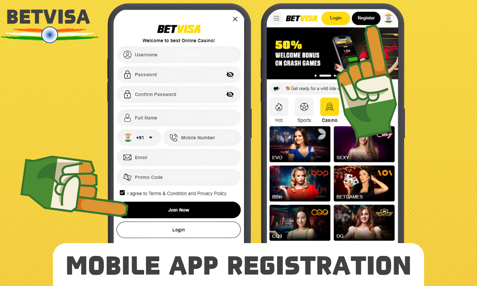 Registration through the Betvisa mobile application